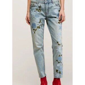 FREE PEOPLE Sz 25 Jeans Floral Embroidered Denim Low Rise Blue Boho Retro Y2K